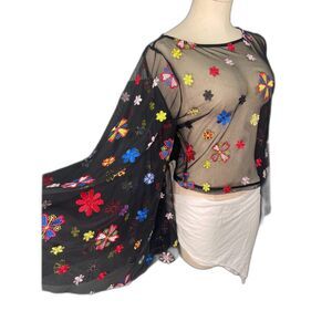 Gracia Floral Embroidered Mesh Crop Top M Black Sheer Flowy Sleeve Y2K Festival